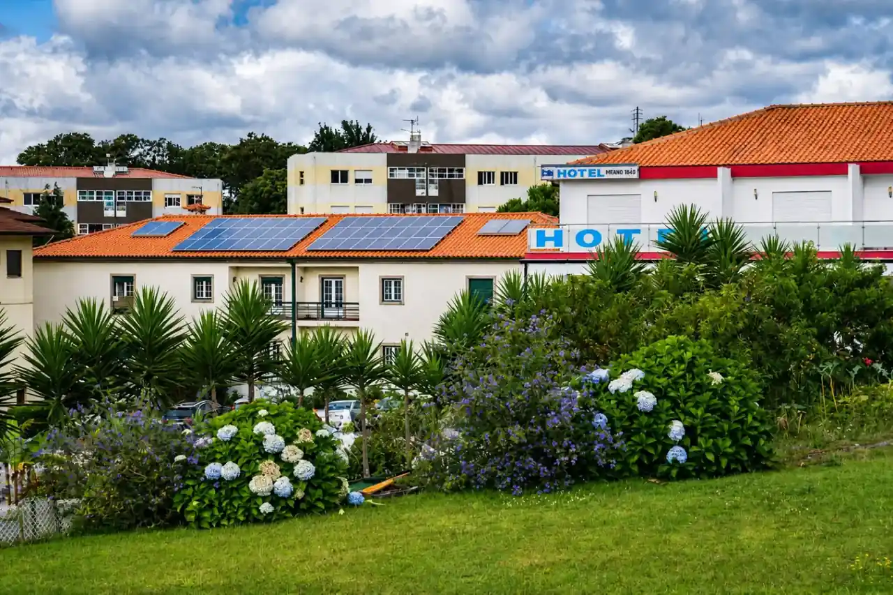 Hortênsias e relva no jardim junto ao Hotel Minho Belo